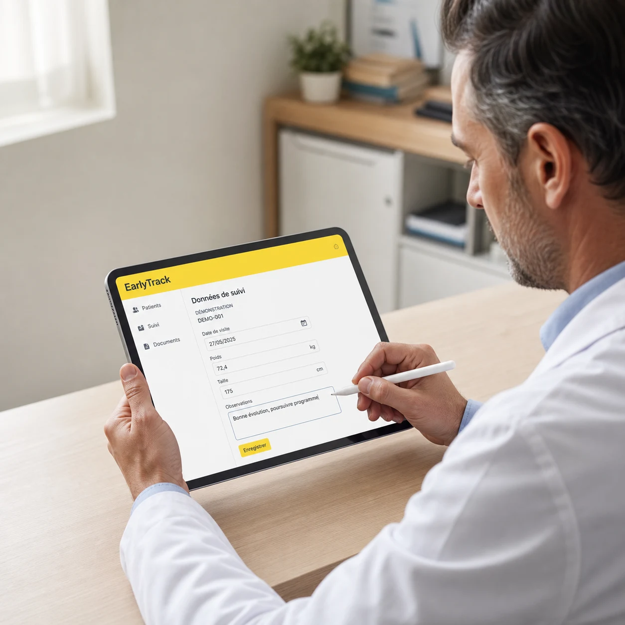 Médecin renseignant des données de démonstration dans EarlyTrack sur une tablette